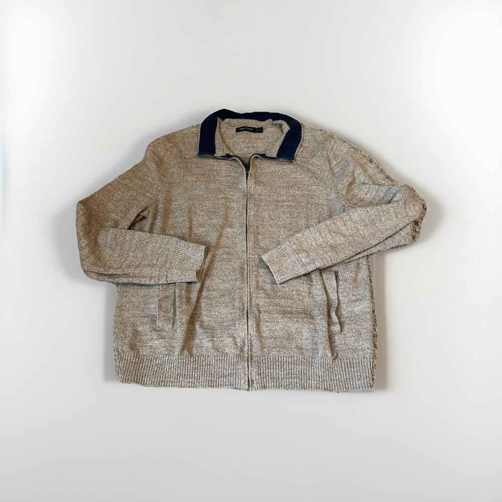 Nautica Mens Full Zip Cardigan‎ Sweater Tan Beige Marled Mock Neck Size M